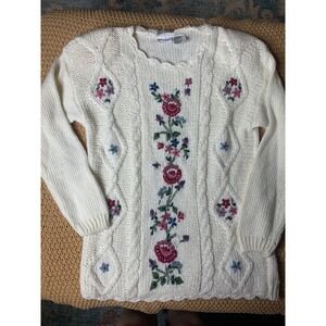 Bobbie Brooks VTG cottage Knit Sweater Floral Embroidered Hand Knit Womens M